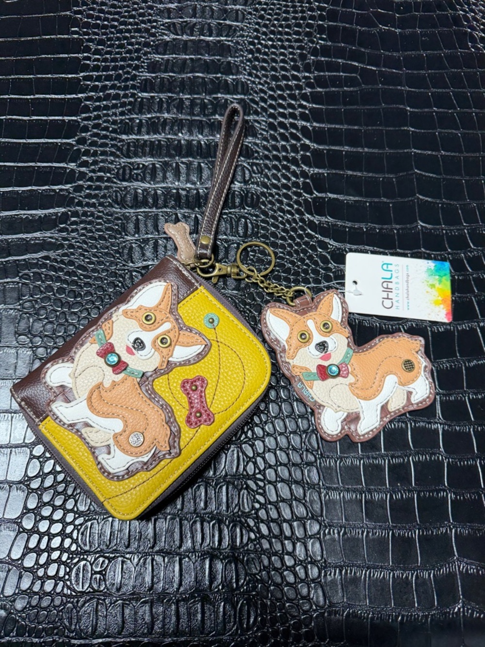 Chala Yellow & Brown Corgi Appliqué Wristlet Wallet with Charm coin purse.
